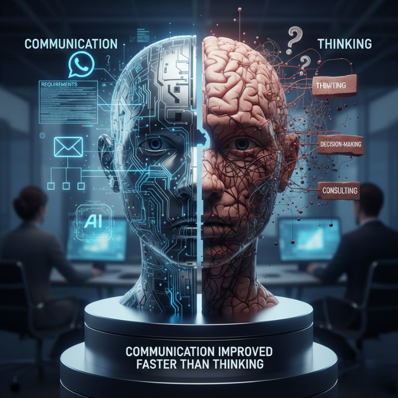 ai communication vs human thinking, artificial intelligence and decision making, business strategy consulting concept, communication improved faster than thinking, ai impact on business communication