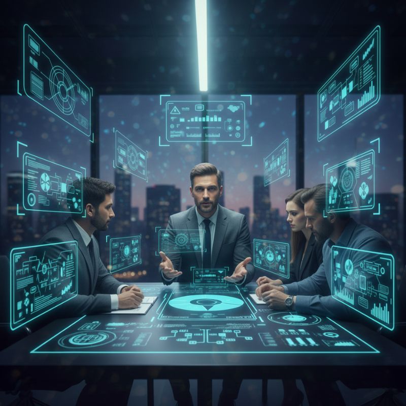 ai driven business strategy meeting, executive consulting with data dashboards, strategic decision making with artificial intelligence, corporate consulting team using ai analytics, leadership discussion with digital intelligence tools