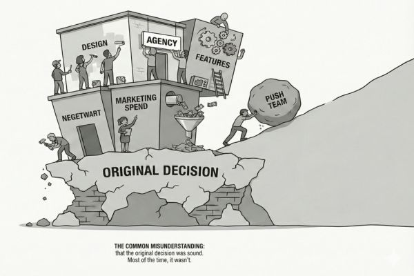 Original Business Decision Determines Execution Success Illustration showing businesses failing due to weak original decisions despite heavy execution efforts in design, marketing, and technology.
