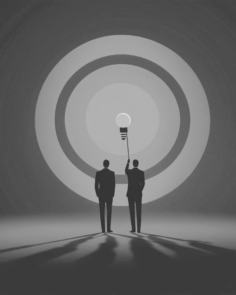 Business strategy concept showing two professionals reaching a light bulb target representing brand visibility and brand strength