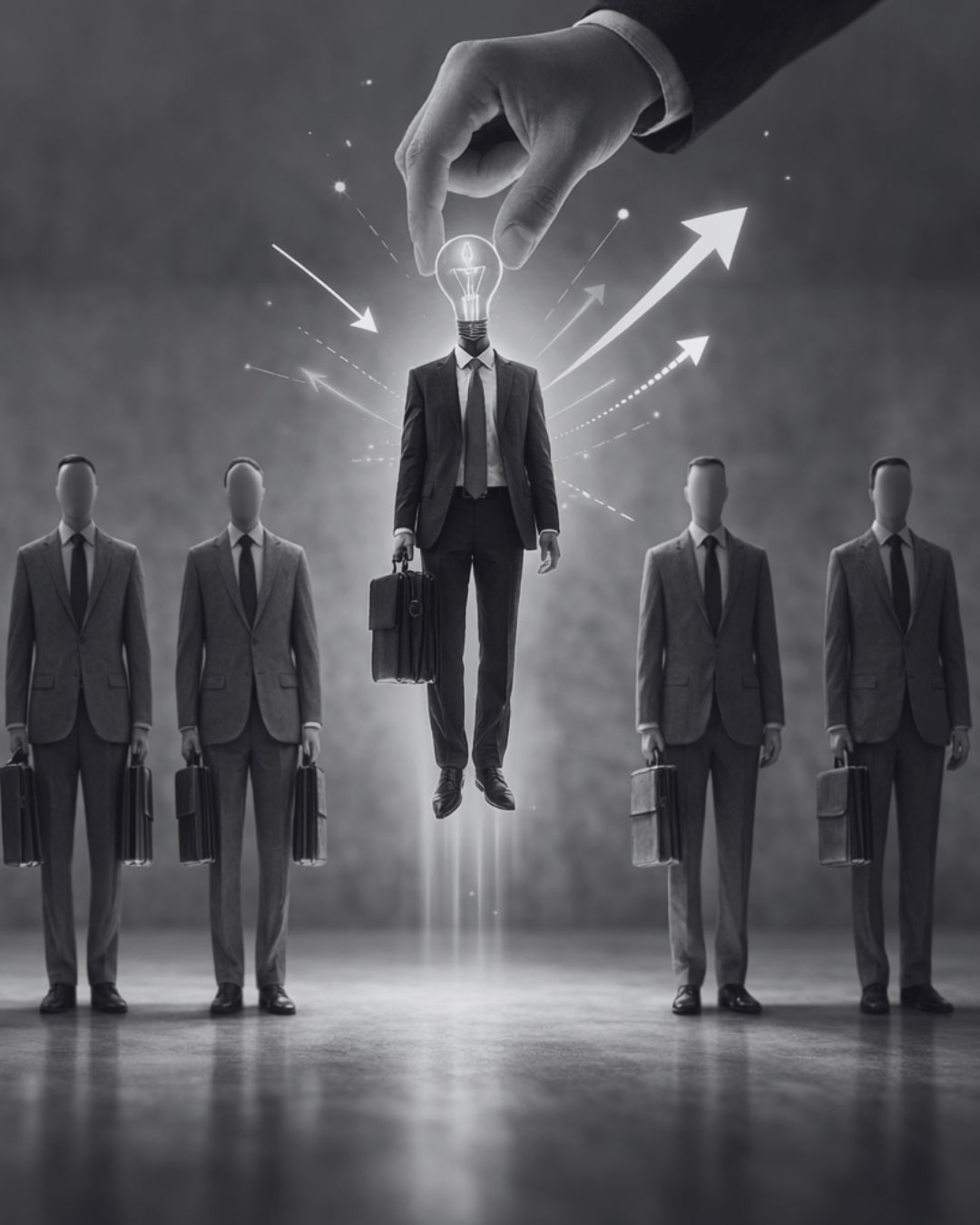 business differentiation concept showing identical professionals with one highlighted as unique brand positioning