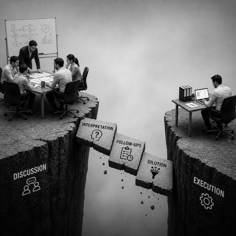 discussion to execution gap<br />
business process breakdown<br />
execution gap in organizations<br />
follow up failure in business<br />
misinterpretation in teams<br />
strategy to execution problem<br />
communication breakdown business<br />
leadership clarity issue<br />
execution alignment problem<br />
business workflow gap