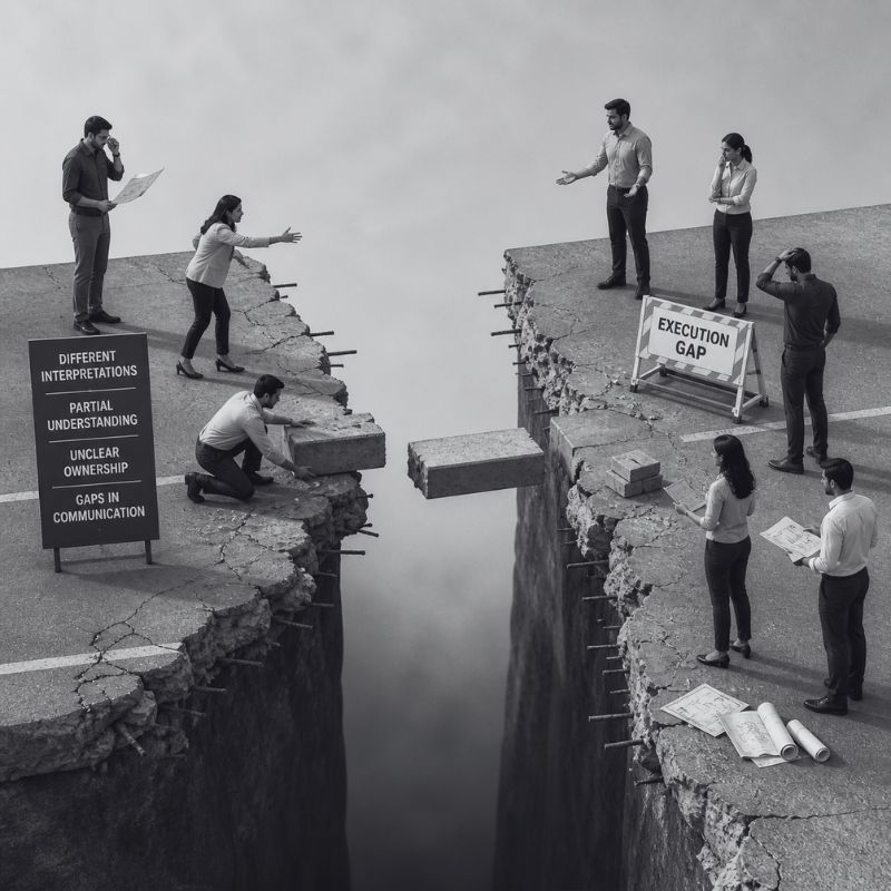 execution gap<br />
business clarity problem<br />
communication gap in teams<br />
lack of ownership in business<br />
strategy vs execution gap<br />
leadership misalignment<br />
business decision clarity<br />
team coordination issues<br />
execution failure reasons<br />
management communication gap