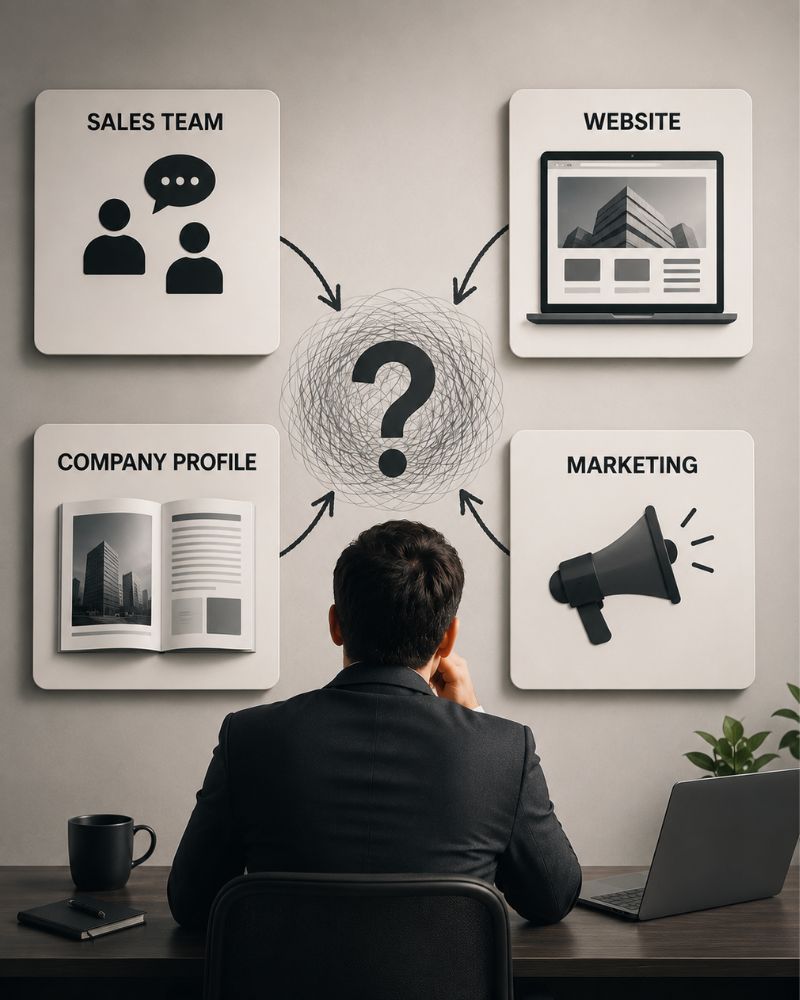 business leader reviewing inconsistent sales, website, company profile and marketing communication