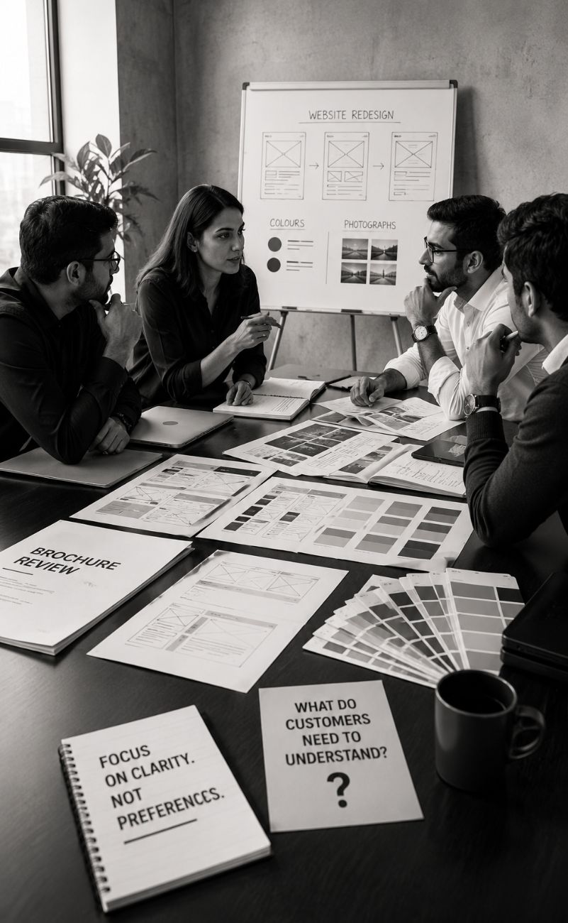 business team reviewing website, brochure and communication strategy before redesign