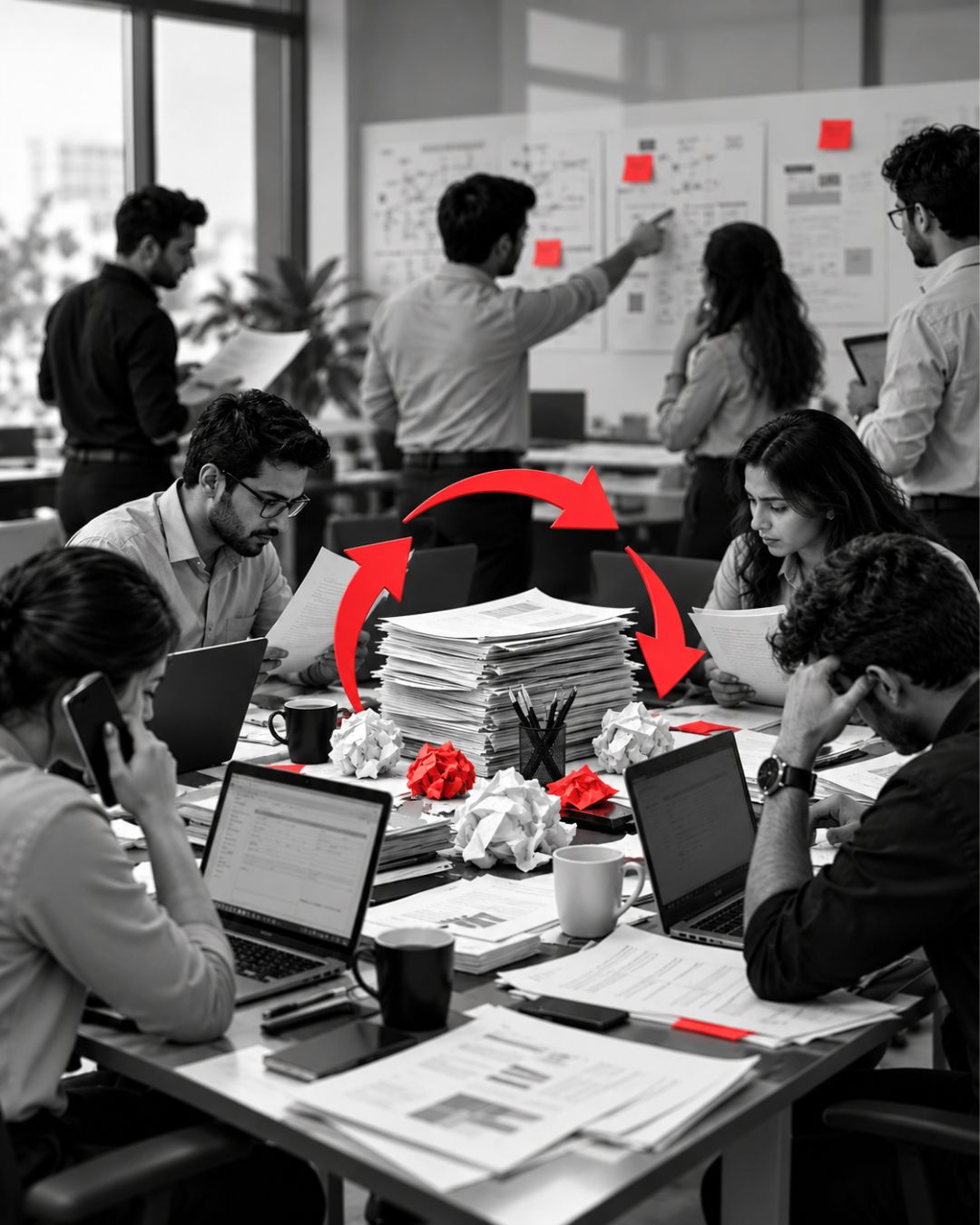 Busy Team Repeating Work Due to Unclear Decision busy team productivity problems, repeated work in business, team rework and delays, unclear decisions affecting productivity, changing priorities at work, business team working twice, workplace rework problem, decision making and team productivity, repeated revisions in business, management approval delays, busy team low productivity, business workflow inefficiency, team capacity lost to rework, unclear ownership at work, business productivity and rework