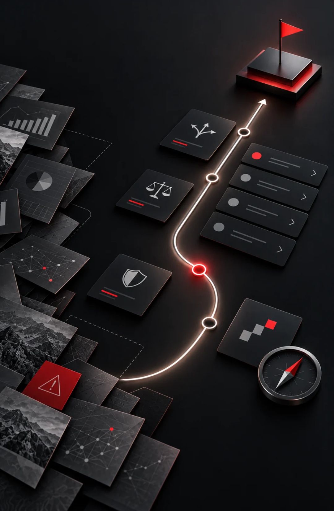 Business Decision Clarity and Strategic Direction Business decision clarity concept showing strategic analysis, alternatives, risks and a clear direction toward the right decision