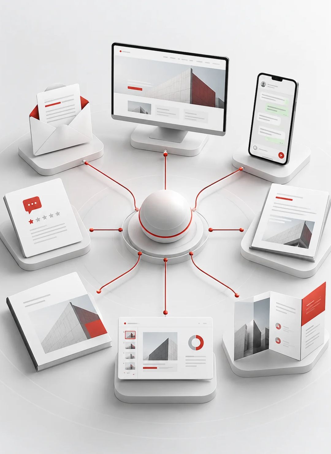 Communication consultation visual showing WhatsApp, email, website, pitch deck, proposal, complaint and corporate profile communication mediums.